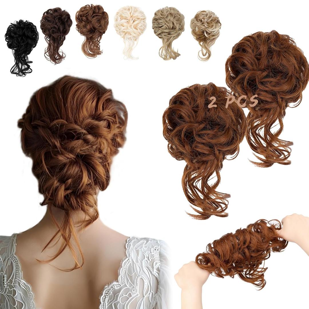 2PCS Messy Bun Hair Piece Tousled Updo with Tendrils Wavy Curly Hair Bun Scrunchies Ponytail Extension Elastic Band Hairpieces For Women (Light Auburn)