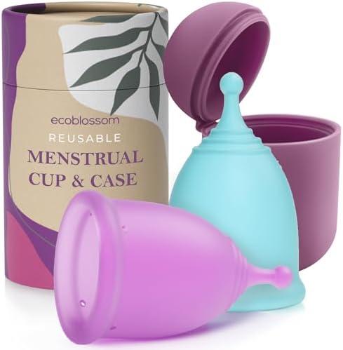 EcoBlossom Reusable Menstrual Cup and Case - The Most Reliable Medical Grade Silicone Period Cups - Comfortably use for 12 Hours (Small/Large (Pack of 2), Round Stem & Case)