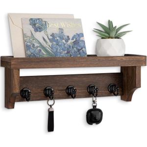 Key and Mail Holder Wall Mount, Key Holder with Shelf and Mail Organizer Wall Mount. Mail Holder with 5 Hooks for Coat, Dog Leash, Home Decor Rack, Entry Way Organizer (Brown)