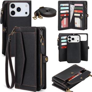 Compatible with iPhone 17 Pro Max 6.9" Wallet Case with RFID Blocking Card Holder for Women, PU Leather Flip Zipper Wallet Detachable Magnetic Phone Case Crossbody Strap, Black