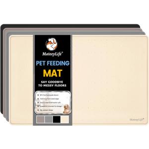 MateeyLife Dog & Cat Food Mat for Floors Waterproof, Nonslip Pets Bowl Mats for Dining and Drinking, Dogs Feeding Mats with Raised Edges, Silicone Cats Matt Tray for Messy Drinkers, 24"x16", Beige