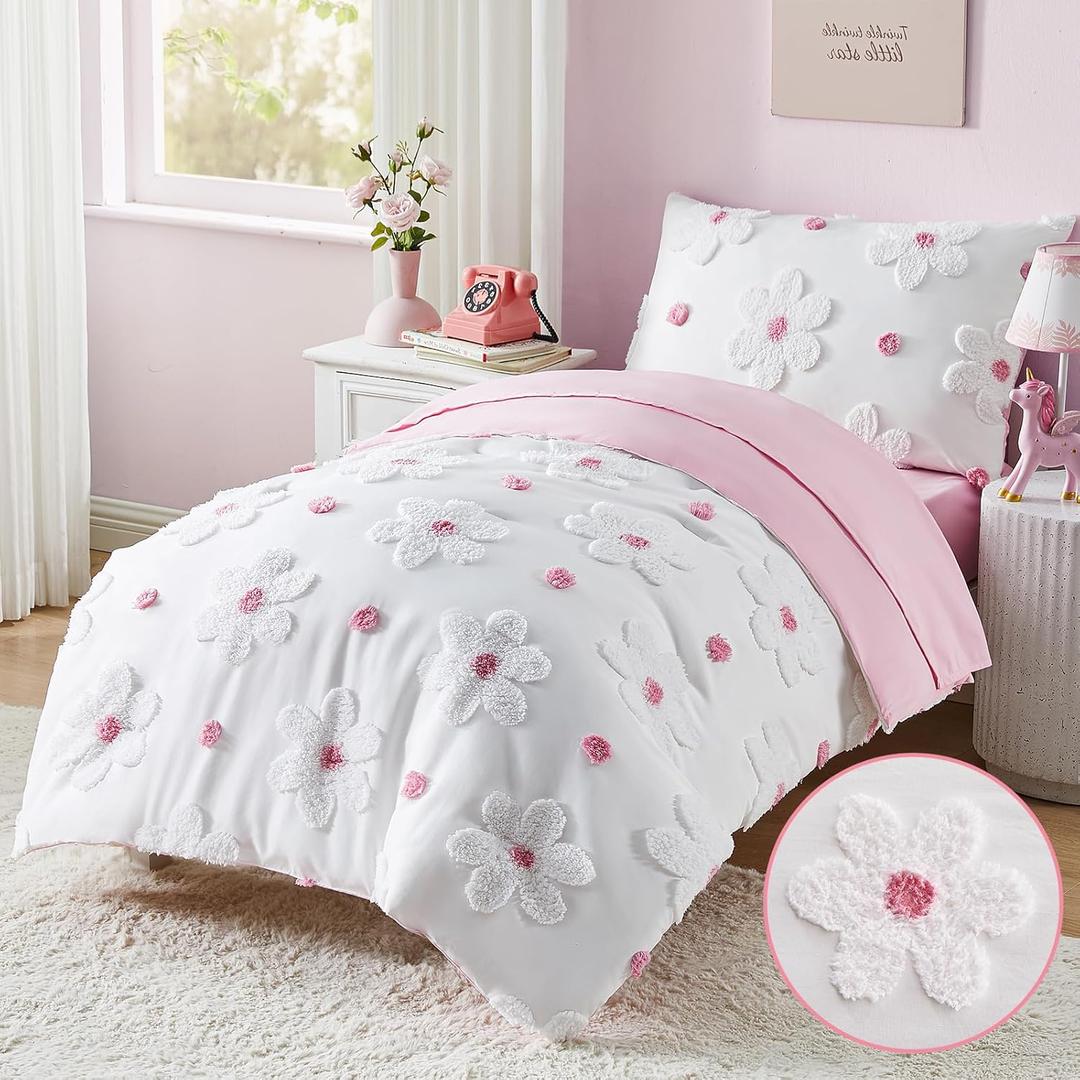 Toddler Bedding Set for Girls 4-Piece Pink Boho Tufted Daisy Flowers Toddler Comforter Set Bed-in-a-Bag Toddler Sheets Bedroom Set with Comforter, Flat Sheet, Fitted Sheet, Pillowcase | Toddler Bedding Set, Tufted Daisy Design, Toddler Comforter, Toddler Bed Sheets, Crib Bedding Set, Boho Toddler Bed Set