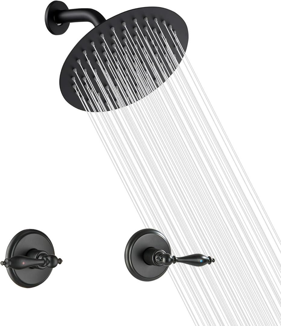 LIWEIKE 2 Handle Shower Faucet Set, Matte Black Two Handles Shower Faucet with 8 Inch Rain Shower Head Shower Faucet Set 2 Knobs, Wall Mounted