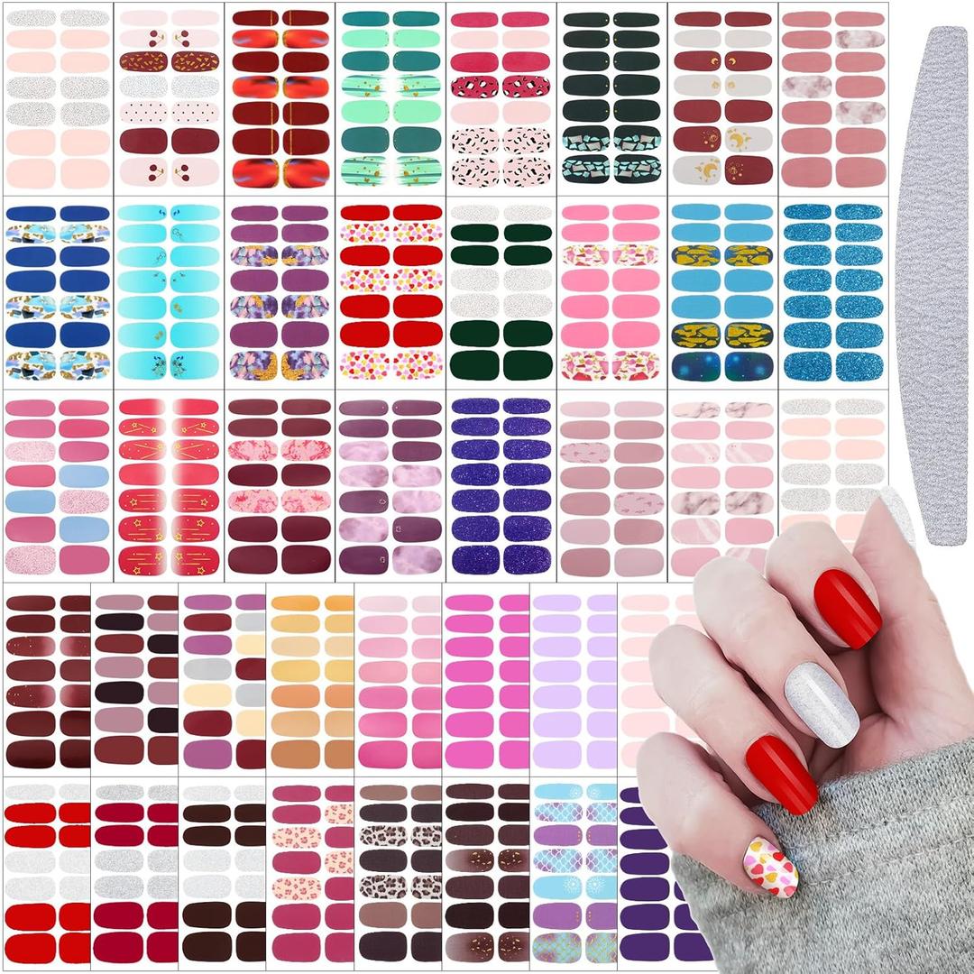 Maitys 560 Pieces 40 Sheets Full Wrap Nail Stickers Nail Polish Strips Decals Self Adhesive Gel Fingernail Strips Art Decals with File for Women DIY Craft Decorations(Glitter Style)