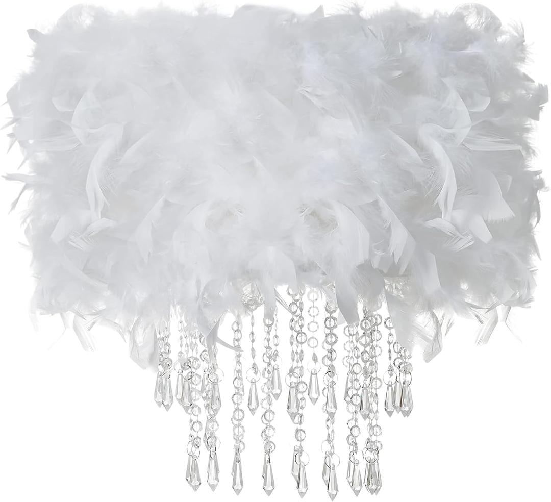 Waneway Feather Lampshade with Acrylic Droplets, Fluffy Lamp Shade for Ceiling Light, Pendant Light, Chandelier, Table Lamp or Floor Lamp, Bedroom Living Hallway Decoration, White