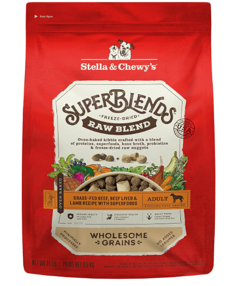 Stella & Chewy's SuperBlends Raw Blend Wholesome Grains Grass-Fed Beef, Beef Liver & Lamb Recipe with Superfoods, 21 lb. Bag (Best if used by 8/20/26)