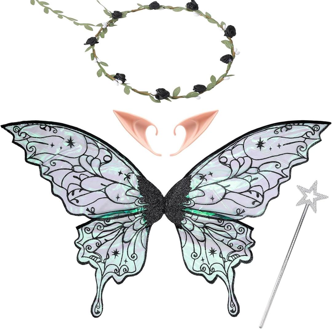 Fairy Wings Set Adult - 4 PCS Butterfly Wings Elf Ears Flower Crown Fairy Wand Halloween Costume (Black)