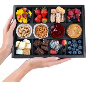 Disposable 8-Compartment Pastry Box with Lids, 10PK Black Divided Bakery Treat Box with Dip Holder for 4-6 Persons, Paper Serving Tray Takeout 12.5x9.3x2in (Balck-window)