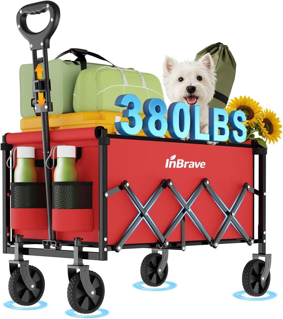 Collapsible Wagon Cart, 380LBS Heavy Duty Utility Wagons with All-Terrain Wheels, Foldable Grocery Carts for Gardening, Shopping, Beach, Camping,Red