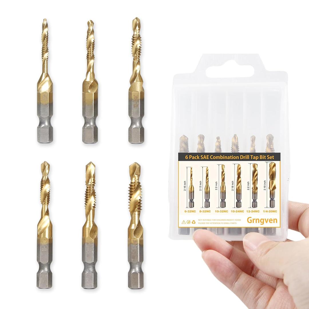 5 x 6PCS Combination Drill Tap Bit Set, Titanium Coated Screw Tapping Bit Tool for Drilling, Tapping, Countersinking. SAE 6-32NC 8-32NC 10-24NC 10-32NC 12-24NC 1/4-20NC Tap Set