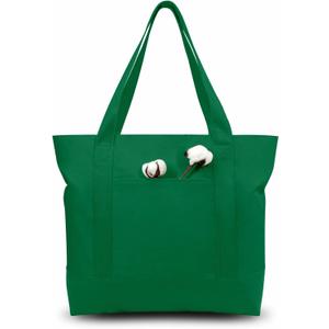 TOPDesign 1-Pack Canvas Tote Bag with an External Pocket, Reusable Grocery Shopping Bag, Top Zipper Closure, Daily Essentials (Green)