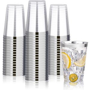 BESTVIP 12oz Silver Plastic Cups, 100 Pack Silver Rimmed Disposable Cups, Heavy-duty Party Cocktail Glasses for Christmas, Plastic Cups for Party, Holiday, Wedding and Birthday
