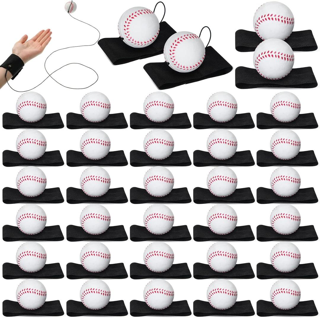 30 Pcs Wrist Return Ball Wrist Balls on a String Baseball Party Favors Sports Wrist Practice Ball on Elastic Cord Rubber Rebound Wristband Ball Toy for Kid Adult Outdoor Exercise Play (Baseball)