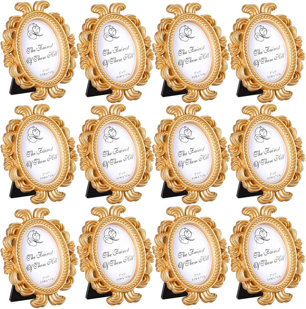 Vicenpal 12 Pieces Mini Gold Picture Frames 3.2 x 4 Inch Vintage Small Antique Resin Baroque Picture Frames Bulk Oval Hanging Display for DIY Jewelry Gifts Christmas Wedding Decor (Gold)