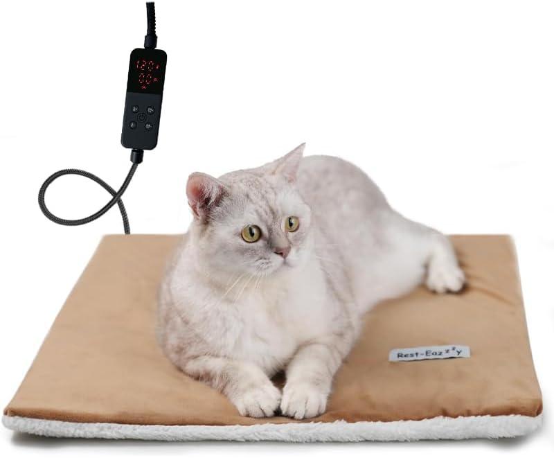 Rest-Eazzzy Heated Cat Pad, Cat Bed with Removable Cover, 5 Level Timer & Temperature, Indoor Warming Mat for Cats & Dogs (Heat Pad, Pure-Brown) (Small-1 Pack)