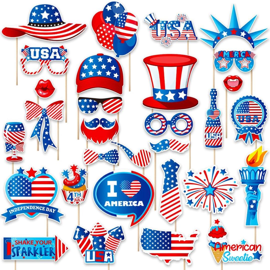 3 x Independence Day Photo Booth Props with Sticks,4th of July Photo Booth Props,Patriotic Party Decorations (25CT)