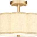 Gold Semi Flush Mount Ceiling Lights, 3-Light 12.5" Light Fixtures Ceiling Mount with Linen Fabric Drum Shade in Flower Shape for Nursery Hallway Bedroom Kitchen, AD-22007-3SF-GD-B