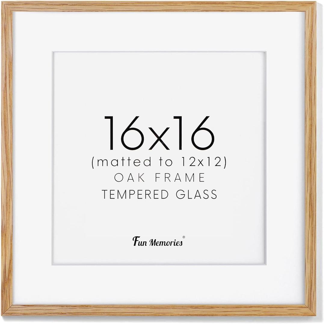 16x16 Oak Wood Picture Frame, 16"x16" Picture Frame Matted to 12"x12", Square Frame 16 x 16 with Real Glass, 16x16 Wood Frame for Wall - Beige Oak Color, 1 Pack