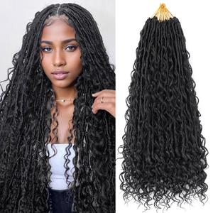 Boho Faux Locs Crochet Hair Bohemian Human Hair Mixed Synthetic 18 Inch Pre-Looped Goddess Locs Crochet Human Hair with Curly Ends (18Inch, 1B)