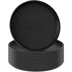 Thyle 12 Pcs Round Serving Tray 11 Inch Non Slip Lined Surface Server Waitress Food Service Trays Anti Skid Plastic Circle Black Round Dish for Coffee Restaurant Bar Parties