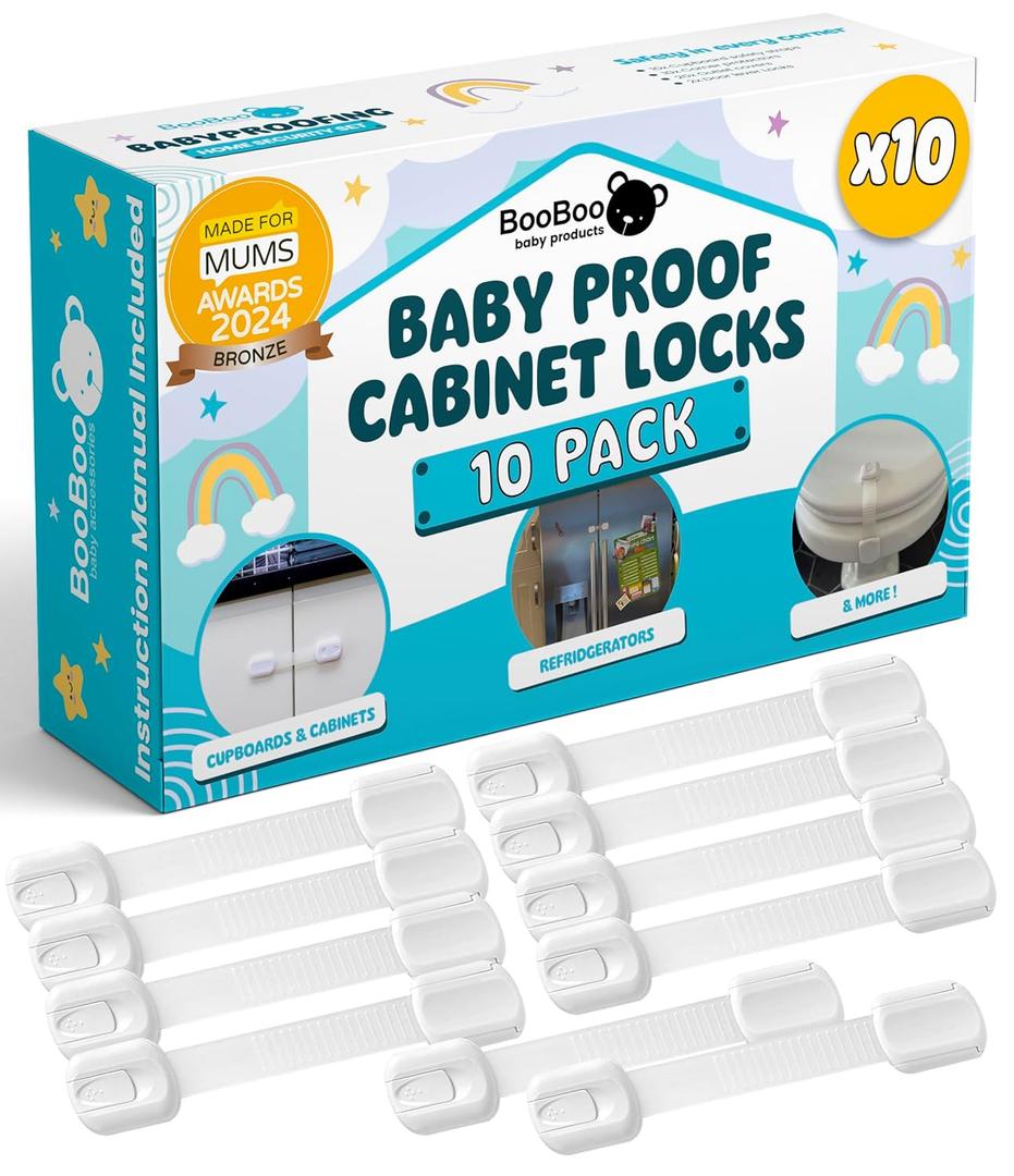 Booboo (10 Pack) Premium Cabinet Locks Baby Proofing, Child Proof Cabinet Locks, Cupboard Locks for Children with 3M Adhesive + 4 Extra Stickers