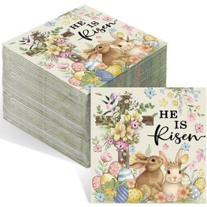 Crtiin 100 Pack Easter Napkins He is Risen Easter Cocktail Napkins Watercolor Seasonal Bunny Rabbits Eggs Paper Disposable Hand Towels for Bathroom Tea Party Bridal Shower, Baby Shower, Birthday