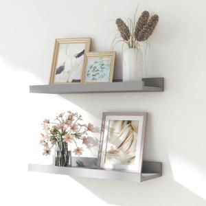 Floating Shelves for Wall Decor, Wall Mounted Wood Storage Shelf for Bedroom, Living Room, Bathroom, Kitchen, Nursery, Display Picture Ledge Shelf with Lip Set of 2-14 Inches, Grey (13.6in)