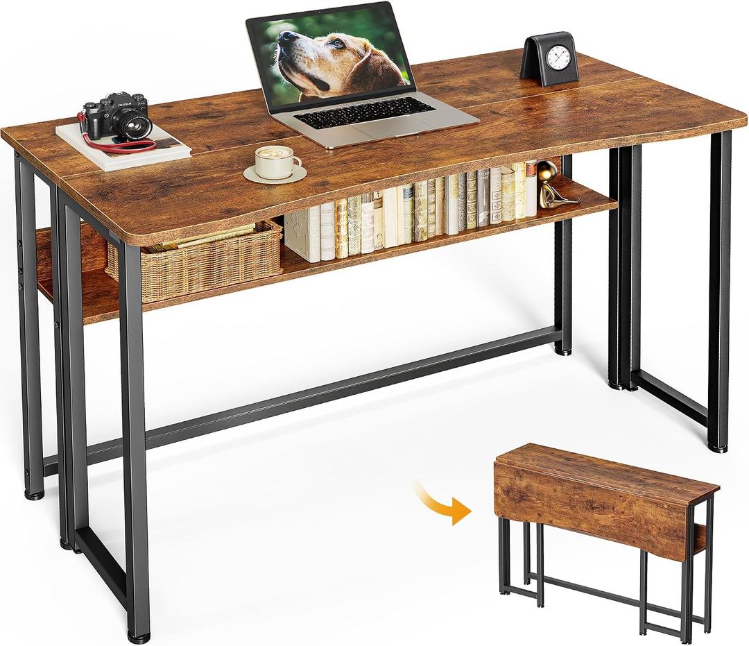 Huuger Folding Desk with Storage Shelf, 39.3 Inch Foldable Computer Table for Small Spaces, Space Saving Sofa Table for Couch, Writing Work Office Computer Desk, Easy to Fold, Rustic Brown, 18.5"D x 39.4"W