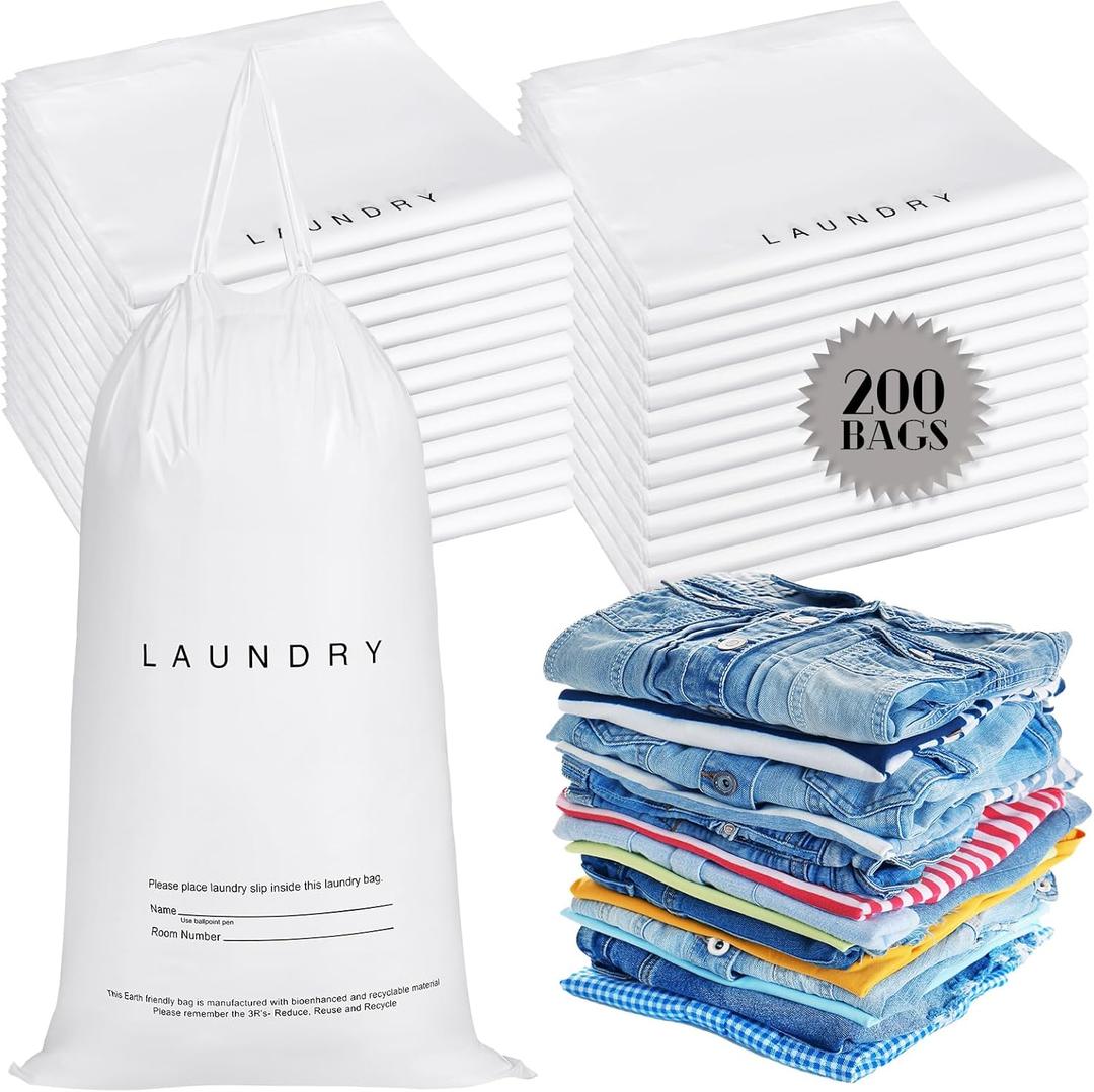 200 Pack Hotel Laundry Bags Bulk 1.38 Mil 14" x 24" Laundry Plastic with Drawstring Closure Writing Strips Patient Personal Belongings Dirty Clothes Bag for Factory Travel Hospital
