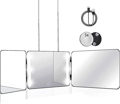 JANMPASK LED 3 Way Mirror Trifold to See Back of Head for Self Hair Cutting Barber Supplies Accessories 360 Makeup Vanity Mirror with Light