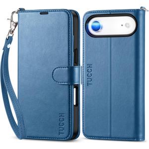 TUCCH Wallet Case for iPhone Air (6.5-Inch) 2025, Wrist Strap | RFID Blocking 4 Card Holders | Stand | Shockproof TPU Shell | PU Leather | Magnetic | Protective Flip Cover | Light Blue