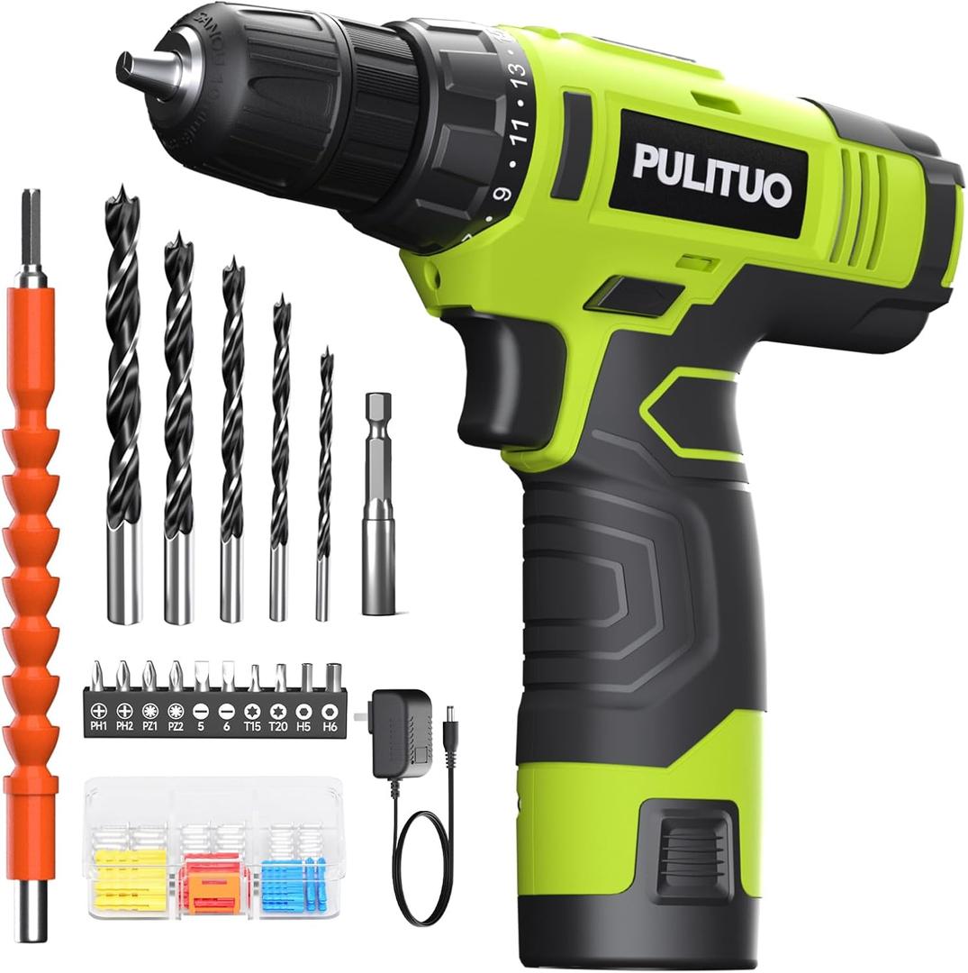 PULITUO 12V Green Cordless Drill Set - Power Drill Kit with Battery and Charger, 3/8-Inch Keyless Chuck, Built-in LED, 21+1 Torque Setting (12v Drill (Green))