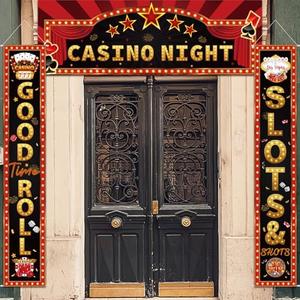Casino Night Porch Banner Welcome Casino Theme Party Decorations Gold Red Black Dice Star for Poker Vegas Game Night Birthday Background Party Decor
