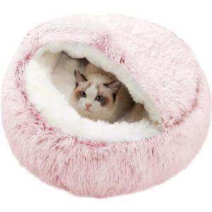 Anti-Anxiety Cat Bed, Plush Hooded Cave, 20 in Diameter, Suitable for Small to Medium Pets, Pink