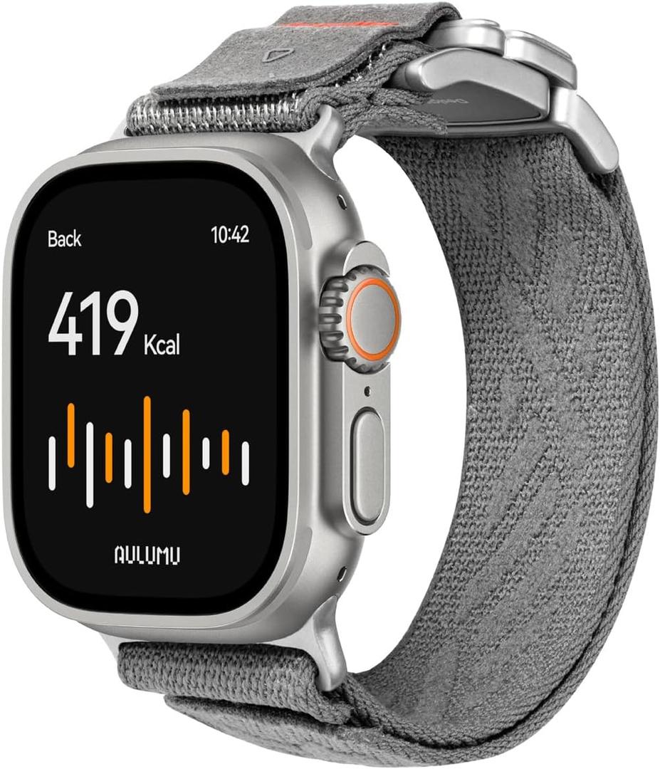 Aulumu C03 Snap Functional Titanium Buckle for Apple Watch Ultra (3/2/1) Nylon Band | Luxury Embossed Texture Knit | Quick-release Design | iWatch Bands for 49/46/45/44MM (Natural Titanium/Gray)
