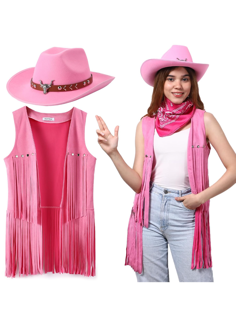 Western Outfits for Women Cowgirl Tassel Sleeveless Vest Cowboy Hat and Paisley Bandana, L