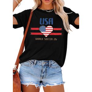 LOTUCY Women USA Soccer Shirt USA Flag Heart Printed Short Sleeve Shirt (M)