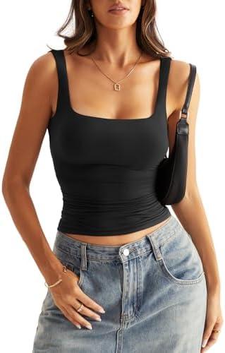 Eachyes Womens Square Neck Double Lined Tank Tops Low Back Fitted Sleeveless Tops M, Black 