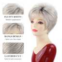 SEVENCOLORS Short Silver White Wigs for Women Natural Layered Synthetic Hair Short Wig with Dark Roots Platinum Pixie Cut Wigs for Older Ladies