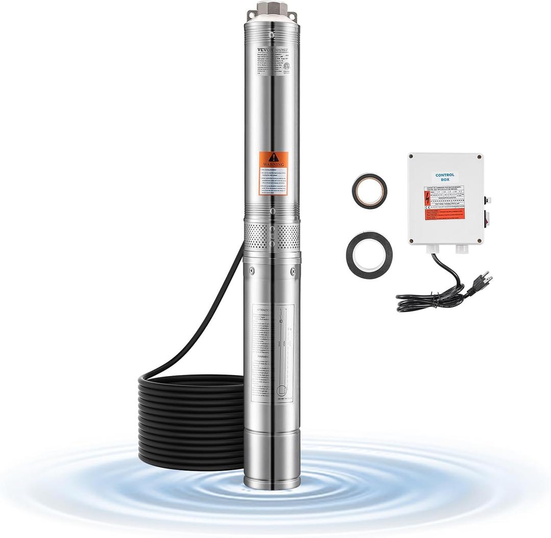 VEVOR Deep Well Submersible Pump, 1 HP Output Power, 115V, 31.7 GPM Flow 207 ft Head, with 32.81 ft Cord External Control Box, Stainless Steel Water Pump, for Industrial Irrigation and Home Use, IP68 VEVOR Deep Well Submersible Pump, 1 HP Output Power, 115V, 31.7 GPM Flow 207 ft Head, with 32.81 ft Cord External Control Box, Stainless Steel Water Pump, for Industrial Irrigation and Home Use, IP68