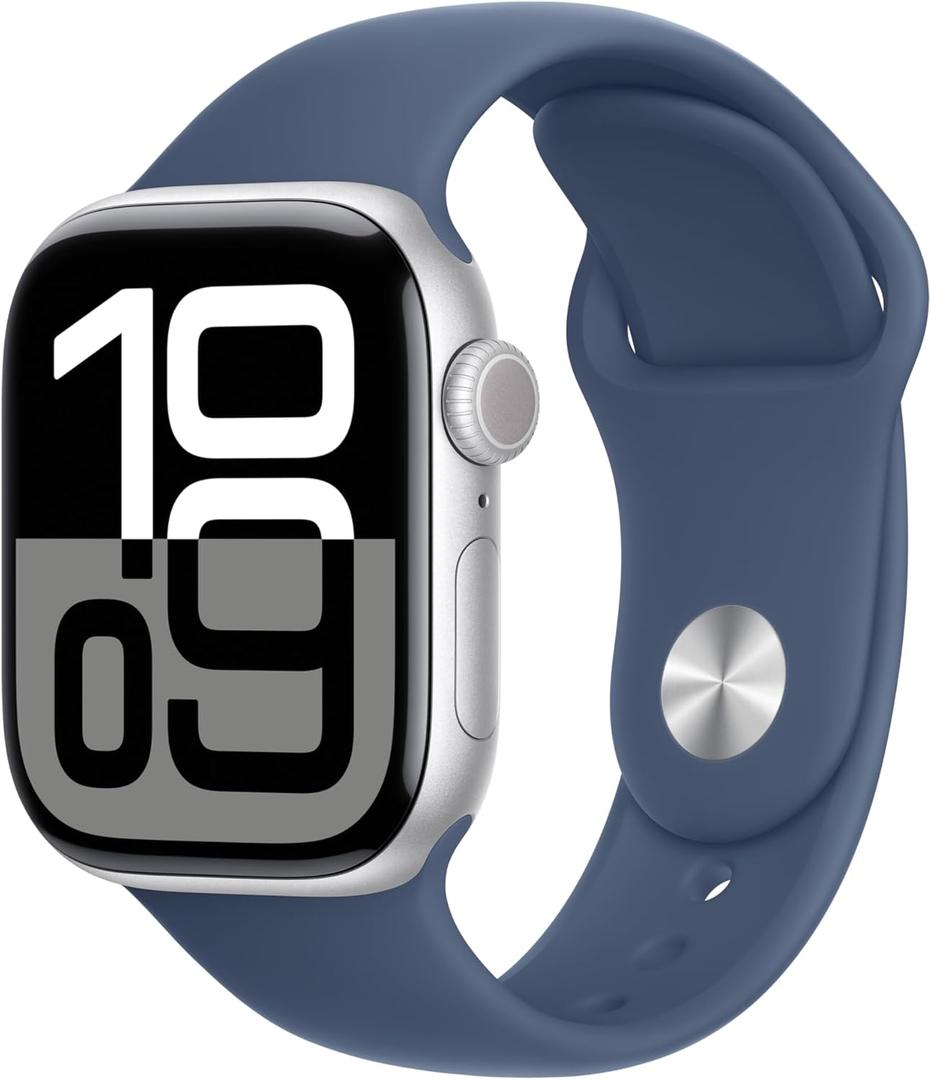 Apple Watch Series 10 [GPS 42mm case] Smartwatch with Silver Aluminum Case with Denim Sport Band - S/M. Fitness Tracker, ECG App, Always-On Retina Display, Water Resistant