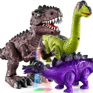 TEMI 3 Pack Electrical Walking Dinosaur Toys for Toddlers 3-4 3-5 Years with Sound and Light Up, Toddler Robot Dinosaur, Brachiosaurus, Stegosaurus Dinosaur Figures for Kids