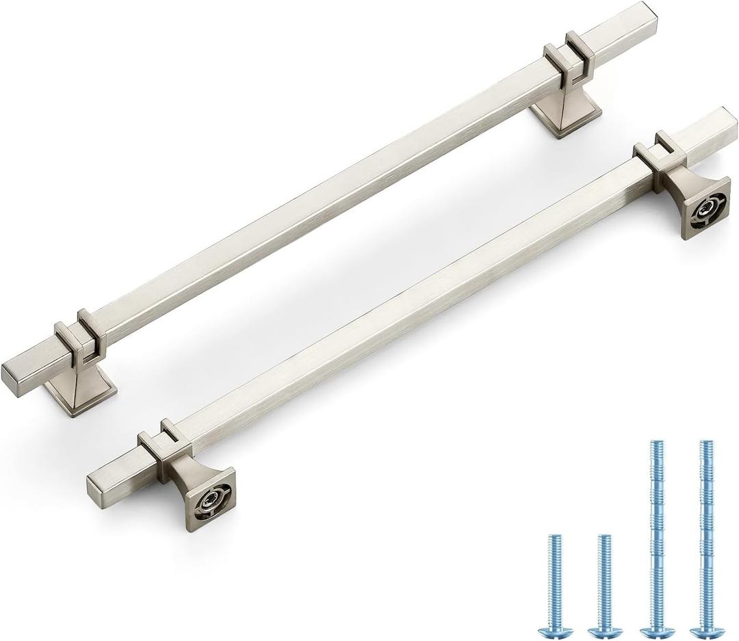 cabinet handles. 8.5 inches from one screw hole to the next 8 3/4 total. comes with screws. 5 count