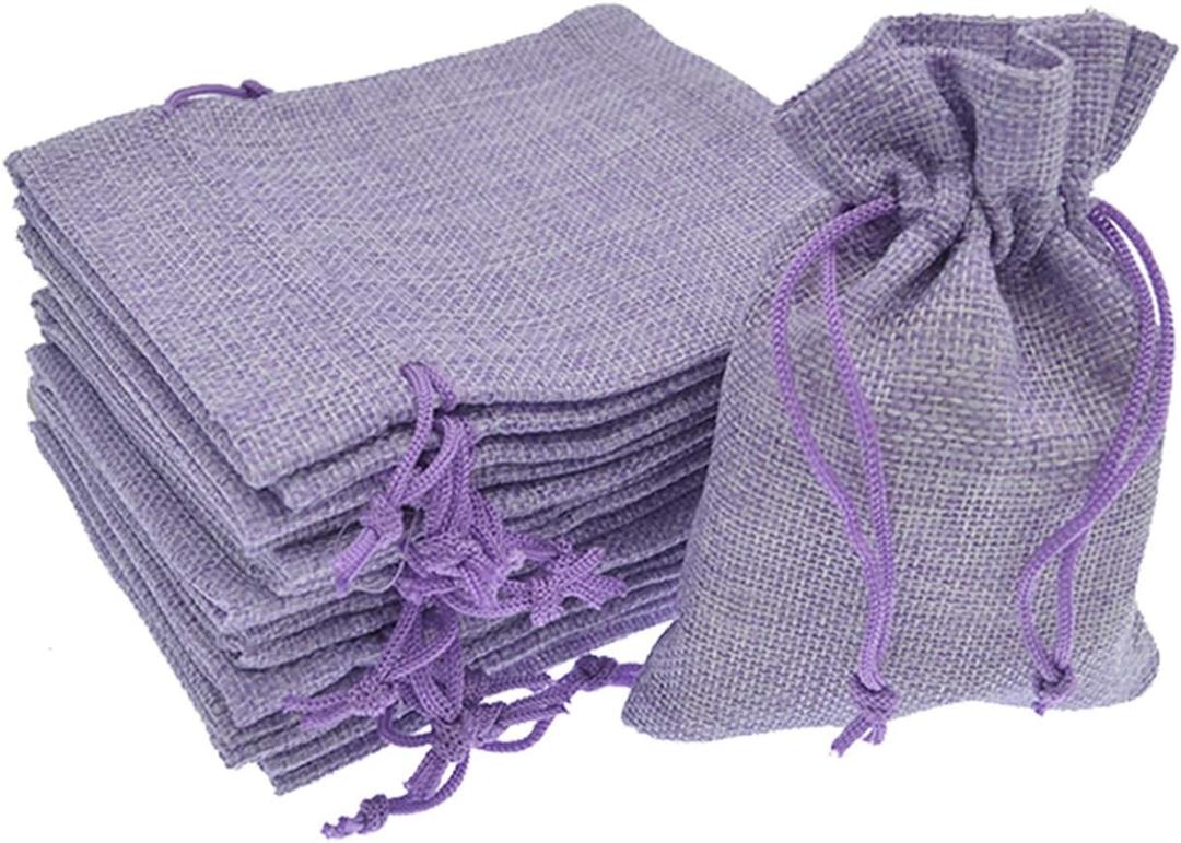 20Pcs Burlap Bags with Drawstring 2.7 x 3.5 inch, Linen Small Party Favor Gift Bags Jewelry Pouches Sachet Sacks for Wedding, DIY Craft (Light Purple)
