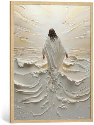 Jesus Walking on Water Wall Art Natural Wood Framed Religious Wall Decor Christian Paintings for Living Room Bible Verses Pictures for Bedroom Modern Christian Canvas Art 16x24 Inch