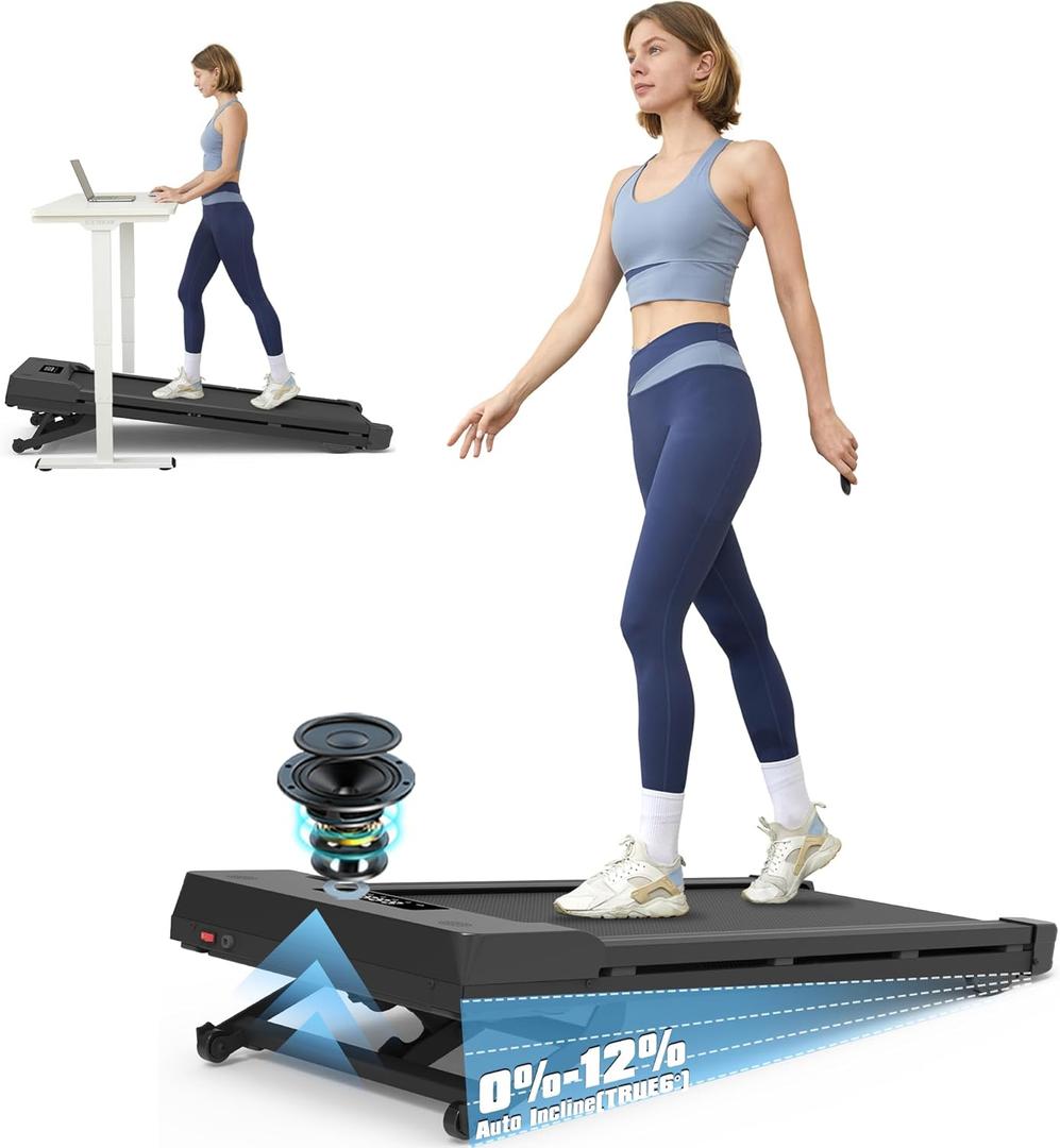 PACEROCKER Walking Pad Treadmill with 12% 9-Level Auto Incline, 450 lbs Capacity Bluetooth Speaker Under Desk Treadmills for Home Hiking, 5 MPH (Black)