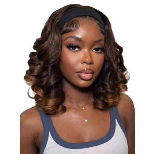HANNE Curly Headband Wig 14 Inch Headband Wig Curly Synthetic Headband Wigs for Black Women Daily Use (Mixed Brown)