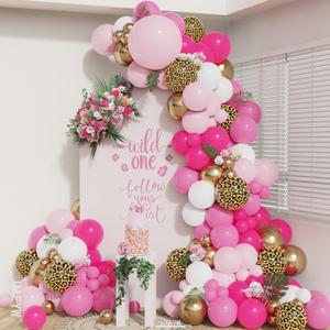 Pink Cheetah Print Birthday Decorations, 133Pcs Hot Pink Leopard Print Gold Balloons Garland Arch Kit for Women Girls Bachelorette Jungle Safari Wild One Birthday Party Baby Shower Supplies