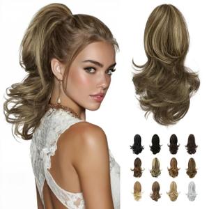 Sofeiyan 13" Ponytail Extension Long Curly Ponytail Clip in Claw Hair Extension Natural Synthetic Hairpiece for Women, Ash Brown Highlighted Bleach Blonde