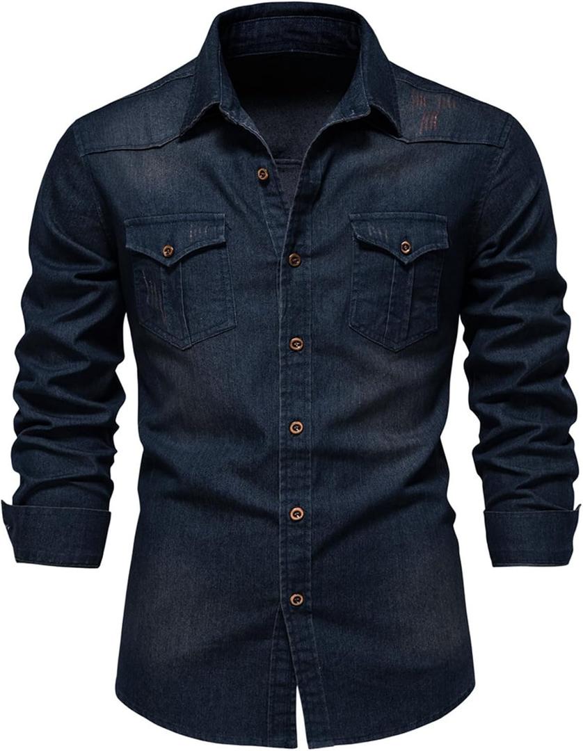 Kissonic Mens Denim Shirt Long Sleeve Slim Fit Jean Shirt for Men Button Down Causal Striped Denim Shirts (Medium, Navy)